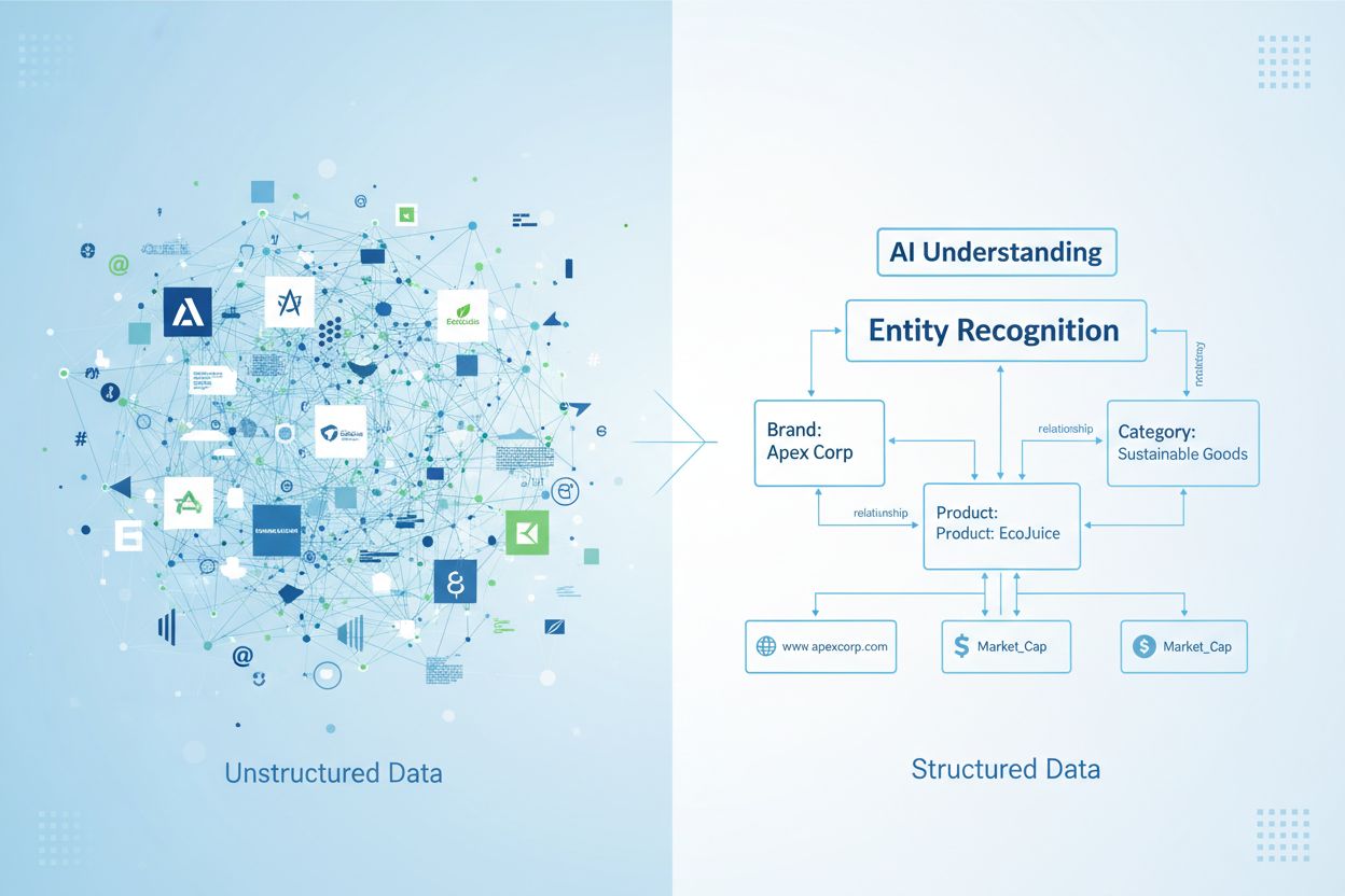 Brand Entity Recognition in AI Systems - showing transformation from unstructured data to organized entity structure