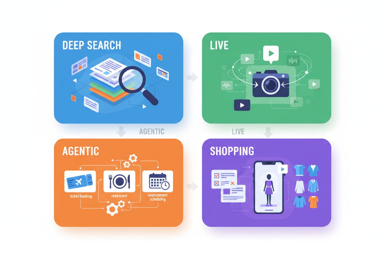 Google AI Mode advanced capabilities visualization showing Deep Search, Live, Agentic, and Shopping features