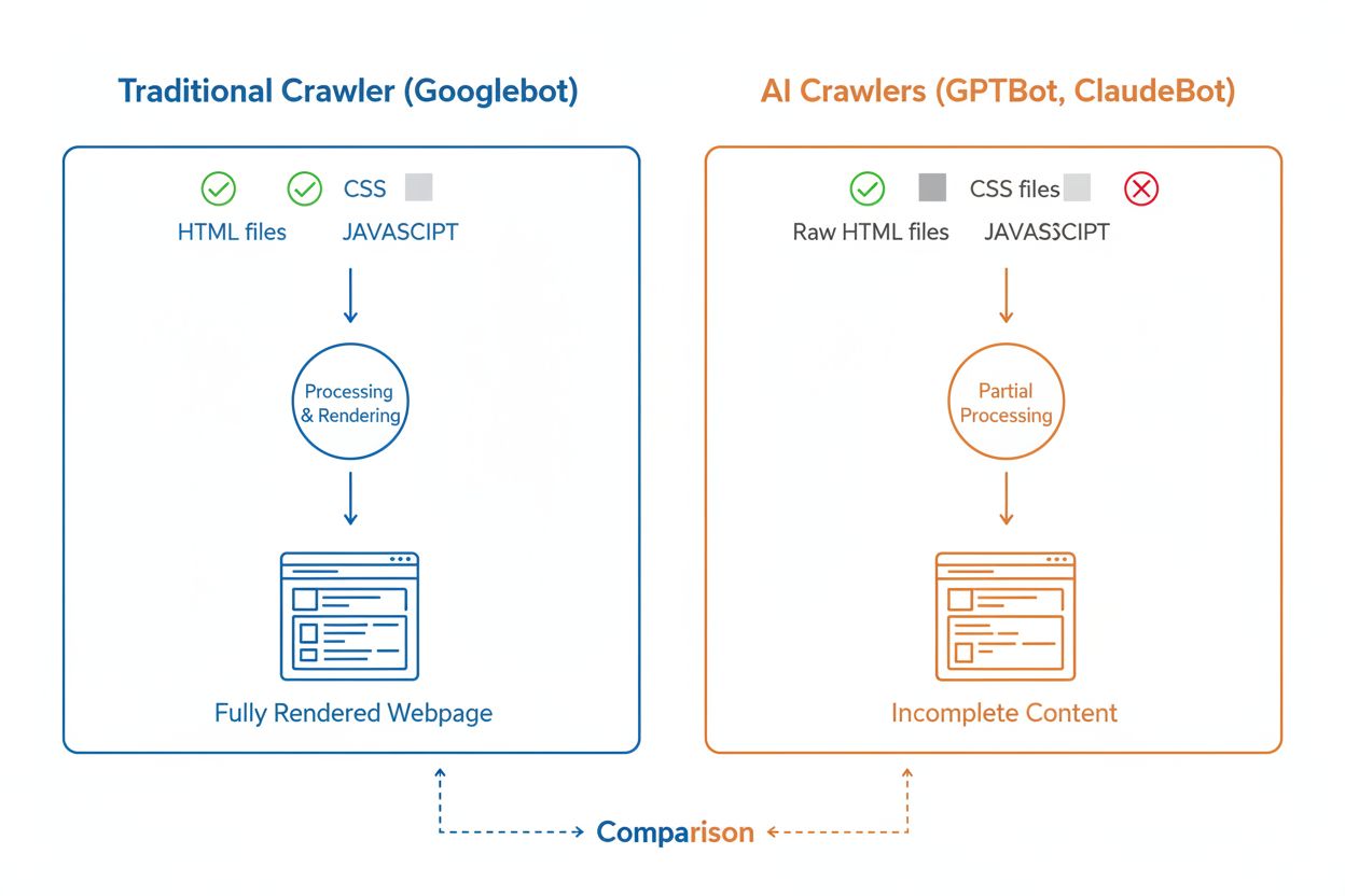 Confronto tecnico delle capacità dei crawler che mostra le differenze tra crawler tradizionali e AI