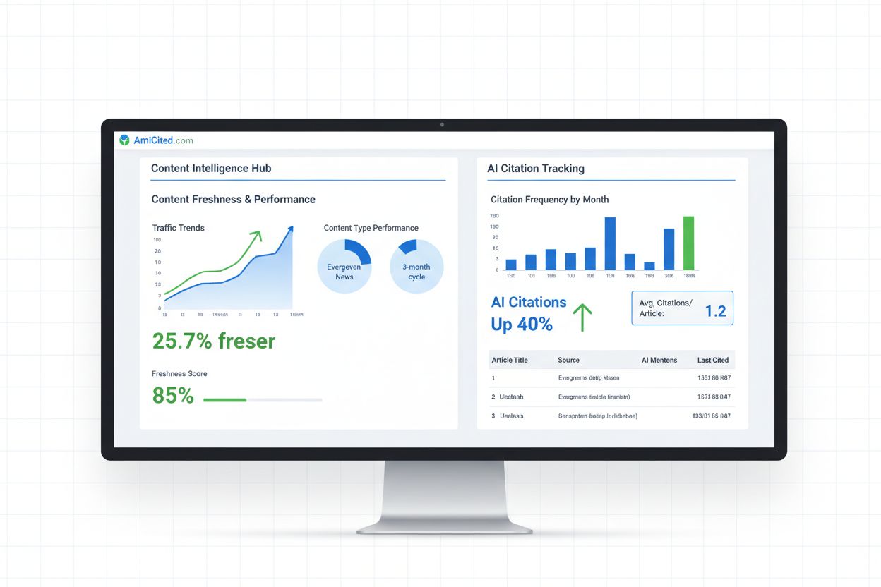 Analytics dashboard showing content freshness metrics and AI citation tracking