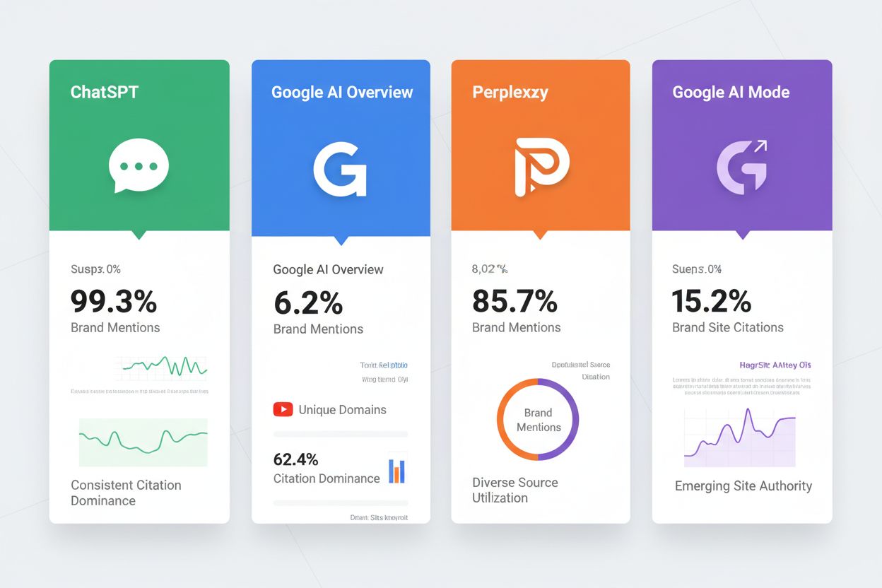 Dashboard comparison of AI search engines showing citation patterns and brand mention rates
