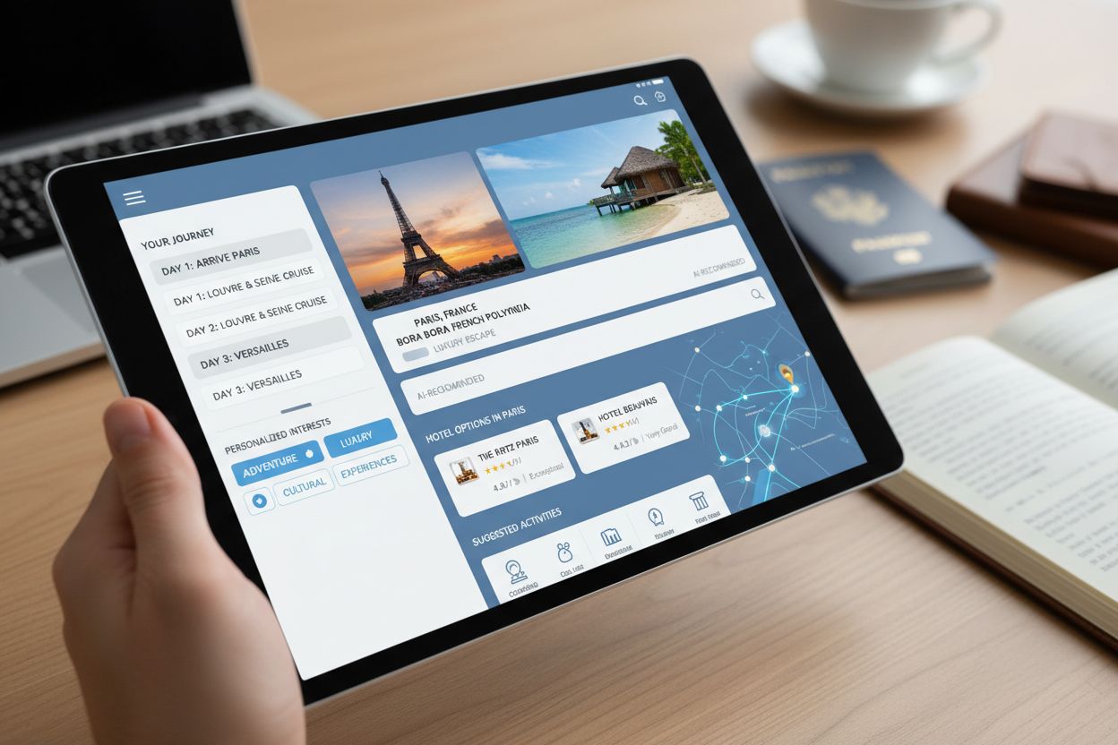 Close-up of AI-powered booking interface showing personalized destination recommendations and itinerary suggestions on tablet