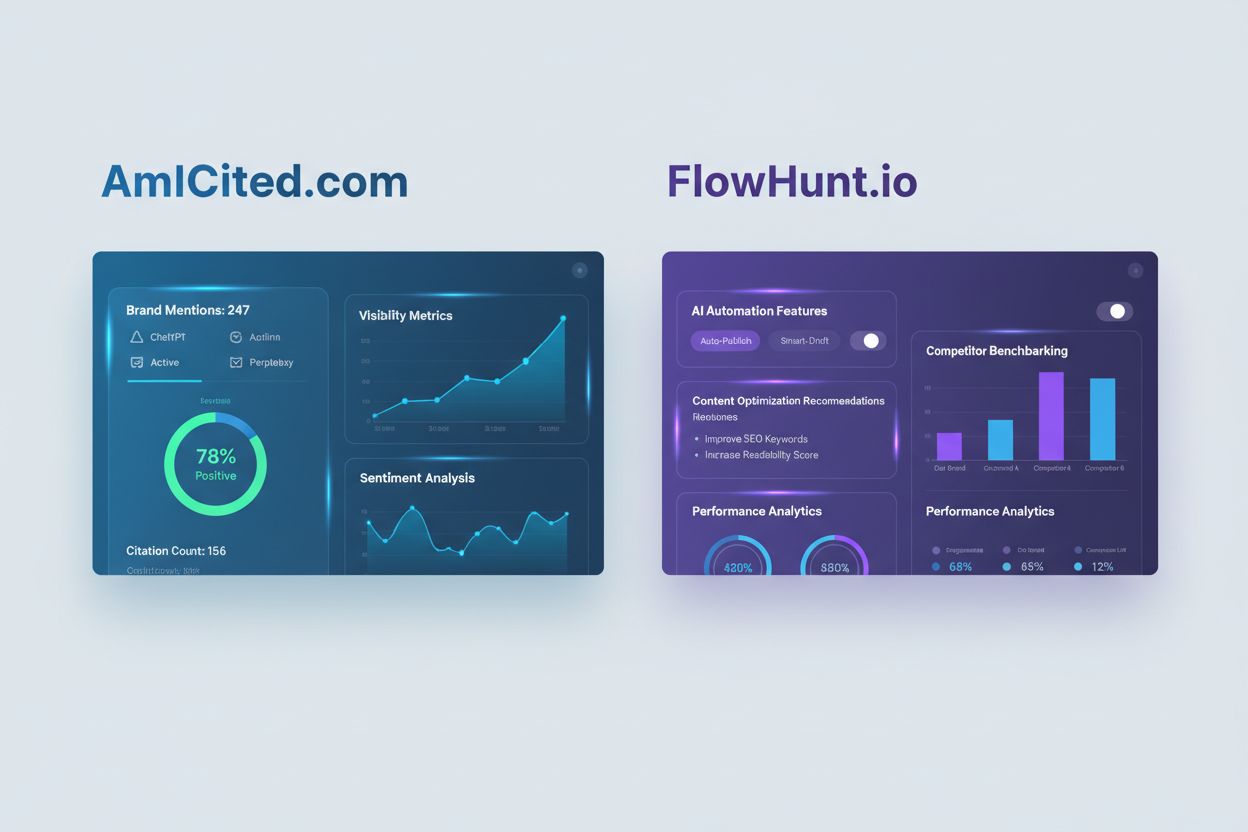 AmICited.com and FlowHunt.io dashboard comparison for AI visibility monitoring
