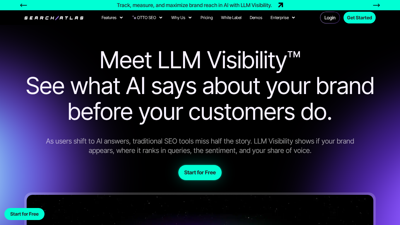 Search Atlas LLM Visibility tool interface for monitoring financial brand presence in AI responses