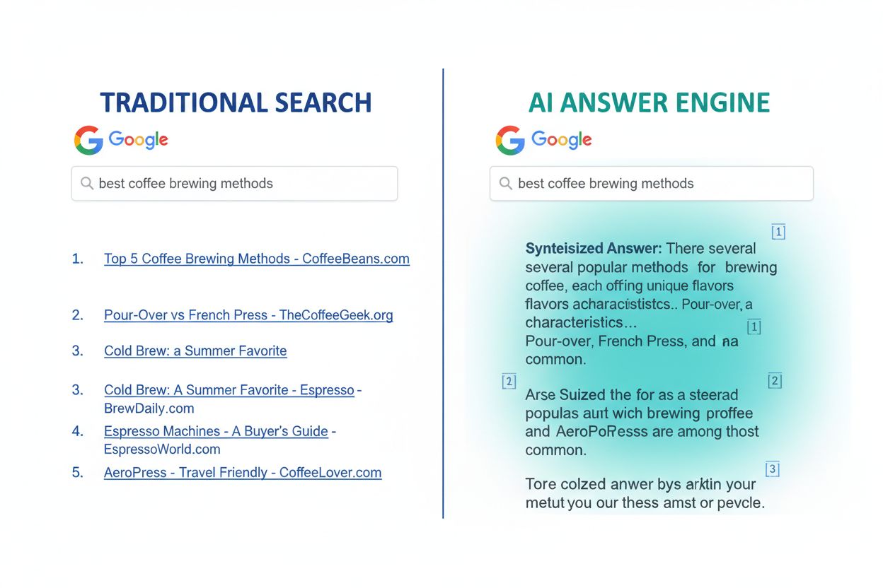 Split-screen showing traditional search rankings vs AI visibility gap