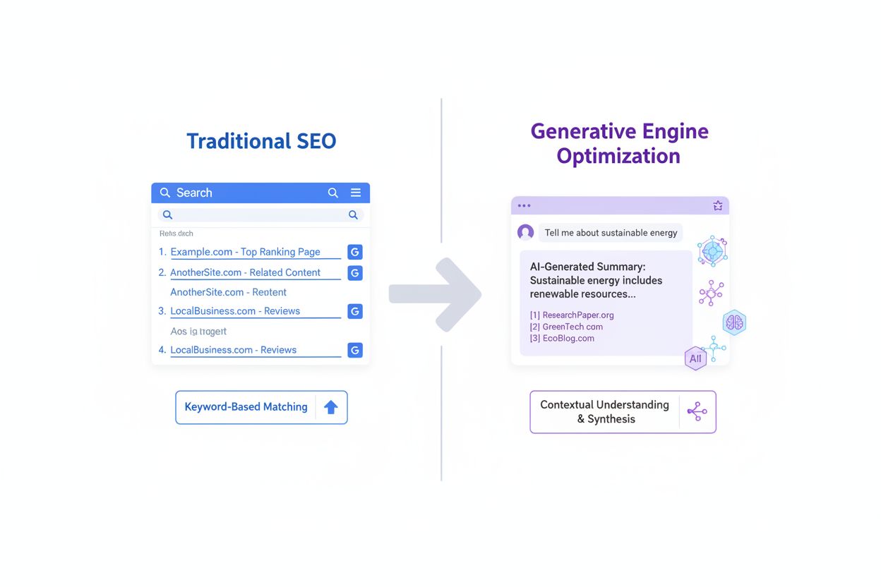 Comparison of Traditional SEO vs Generative Engine Optimization showing search results vs AI citations