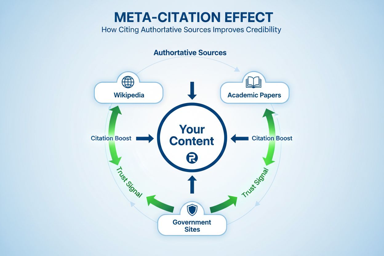 Meta-citation effect showing bidirectional trust signals between your content and authoritative sources