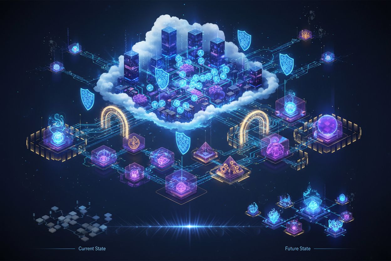 Future AI platform landscape showing autonomous agents, multi-model orchestration, and compliance frameworks