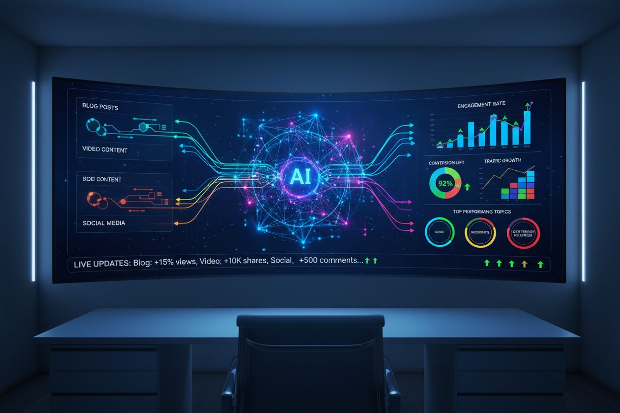 Advanced data visualization dashboard showing AI analyzing content performance metrics with charts and trend predictions