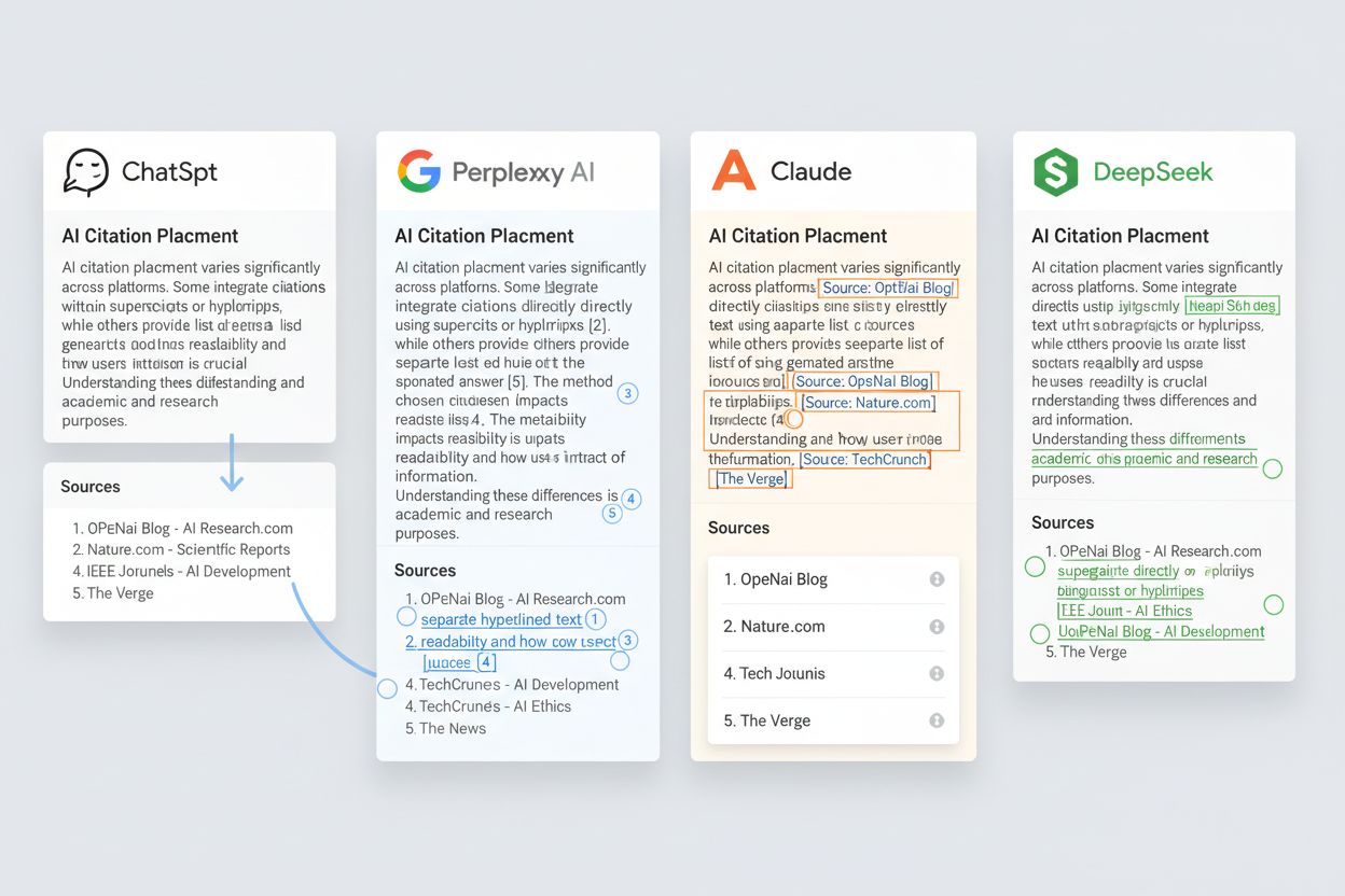 Comparison of citation placement styles across ChatGPT, Perplexity, Gemini, Claude, and DeepSeek