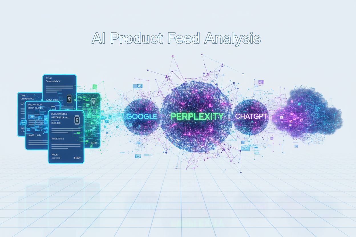 AI systems analyzing product feed data with neural networks and data streams