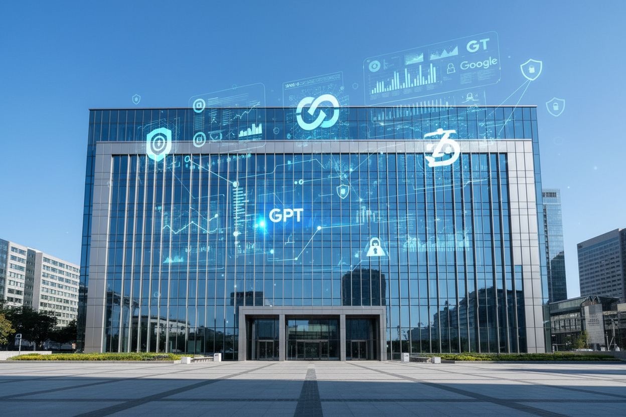 Modern government building with digital transformation and AI system monitoring
