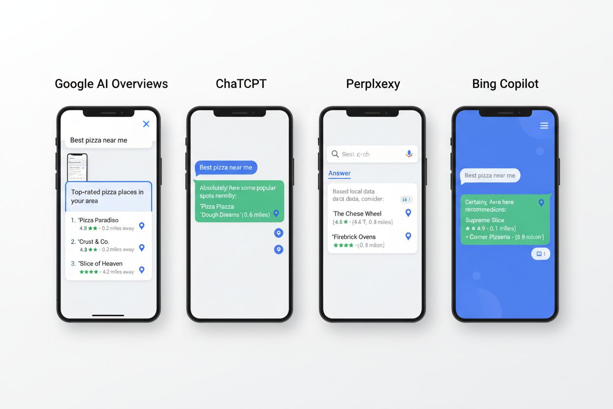 AI search interfaces showing local business recommendations across Google, ChatGPT, and Perplexity