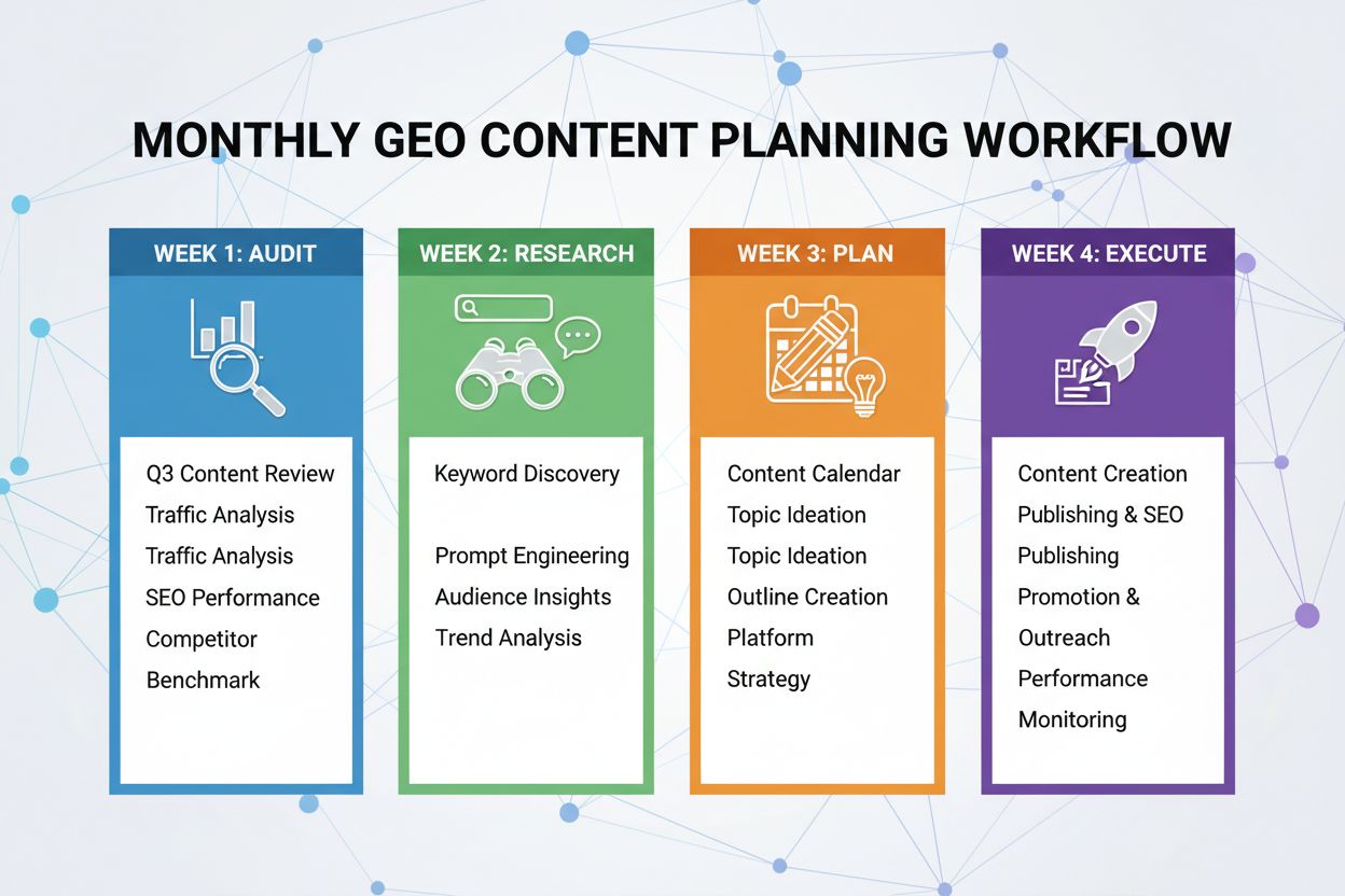 Monthly GEO content planning workflow showing 4-week cycle with audit, research, planning, and execution phases