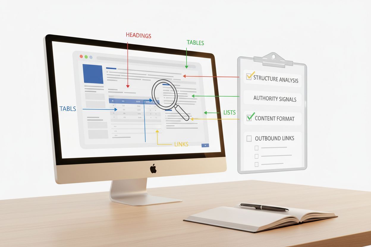 Reverse engineering process showing competitor content analysis with annotations and framework