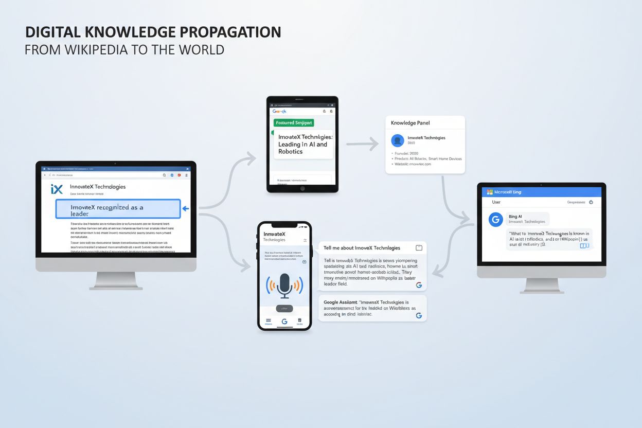 Wikipedia mention propagating across Google search, ChatGPT, voice assistants, and AI platforms