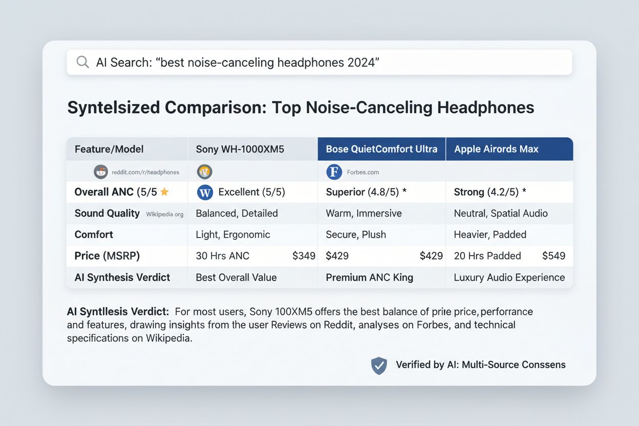 Modern AI search interface showing comparison answer with multiple sources and citation badges