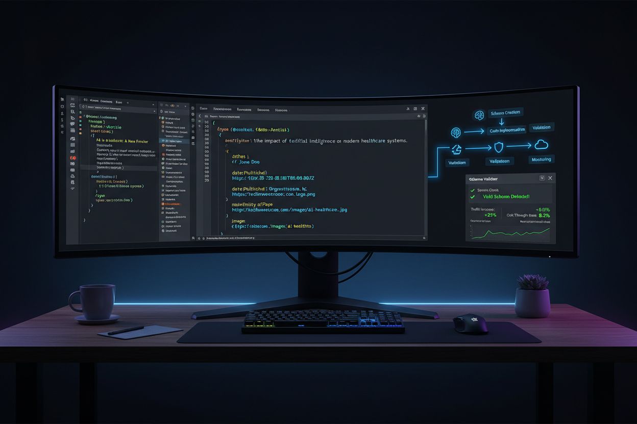 Developer workspace showing article schema implementation workflow with JSON-LD code and validation process