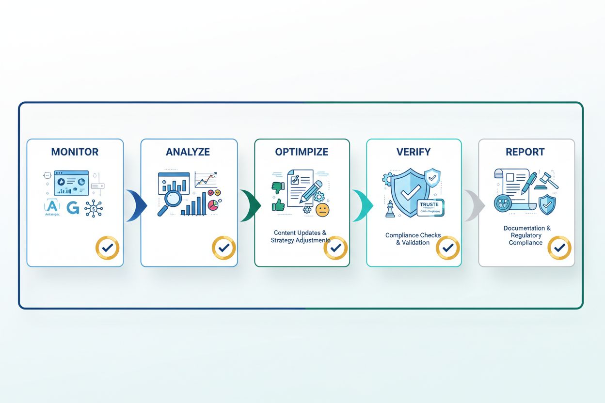 AI visibility optimization workflow showing Monitor, Analyze, Optimize, Verify, and Report steps with compliance checkpoints