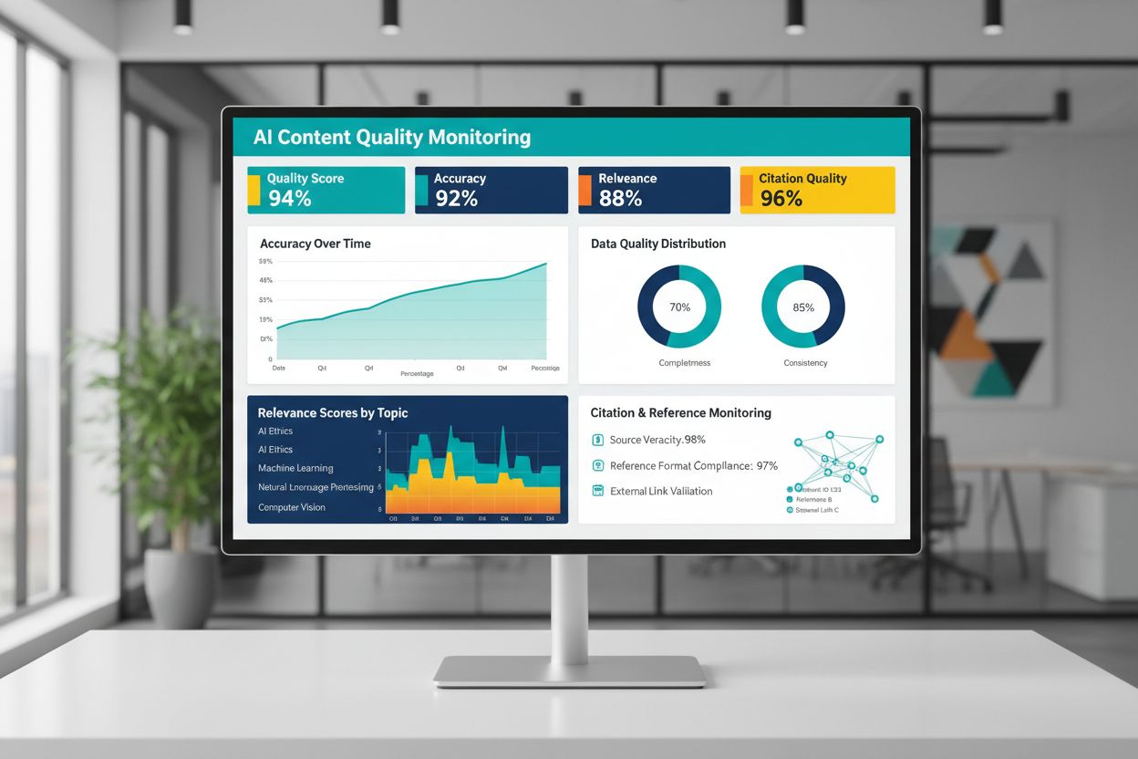 Monitoring dashboard showing AI content quality metrics and performance tracking