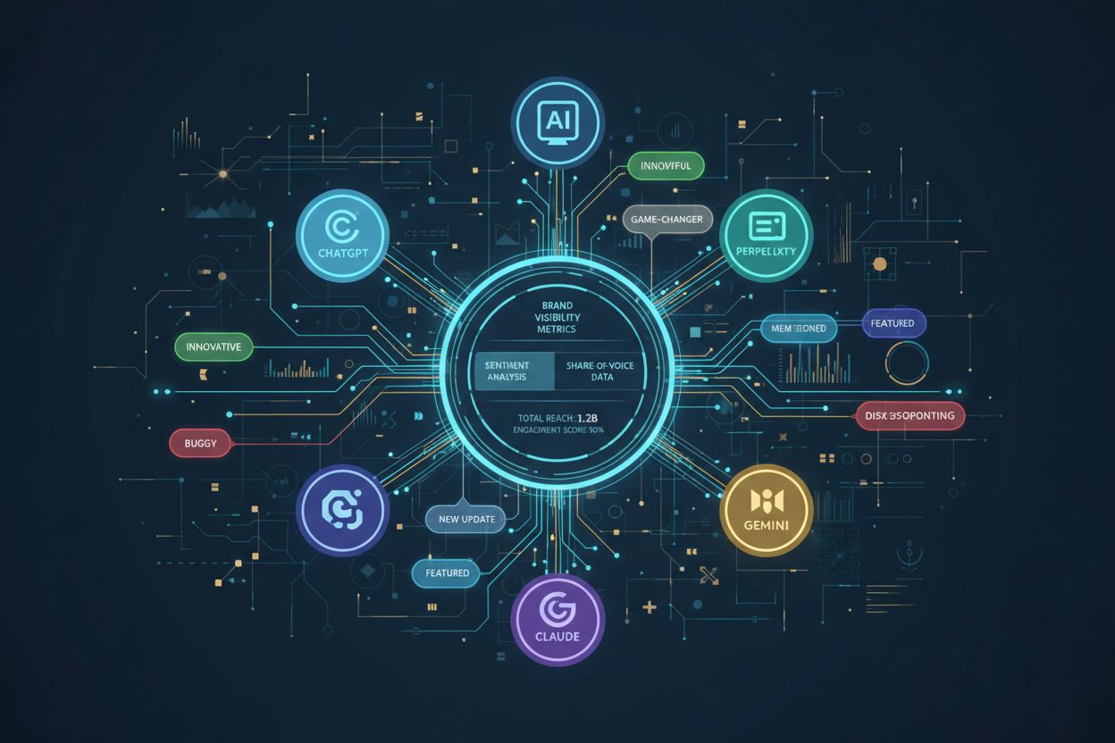 AI visibility monitoring dashboard showing multiple AI platforms with brand mentions and sentiment analysis