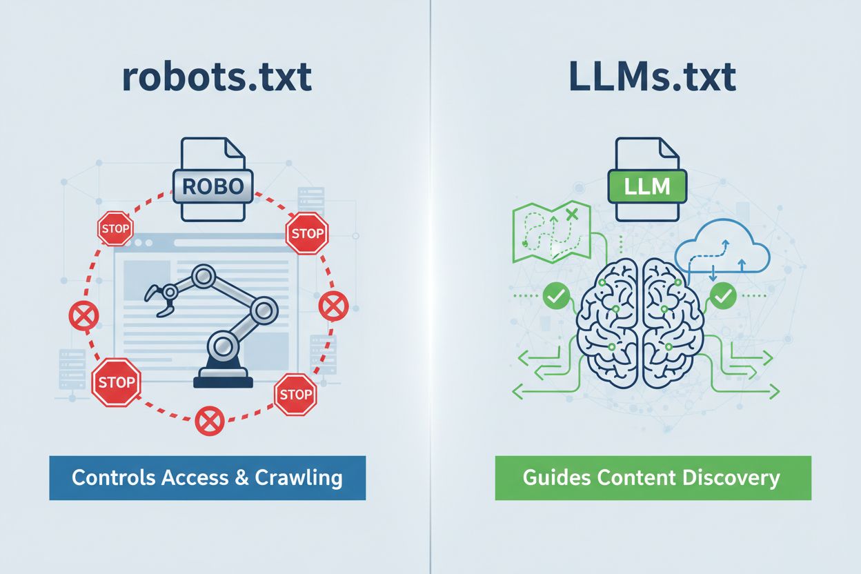 Comparison of LLMs.txt and robots.txt - LLMs.txt guides AI content discovery while robots.txt controls crawler access