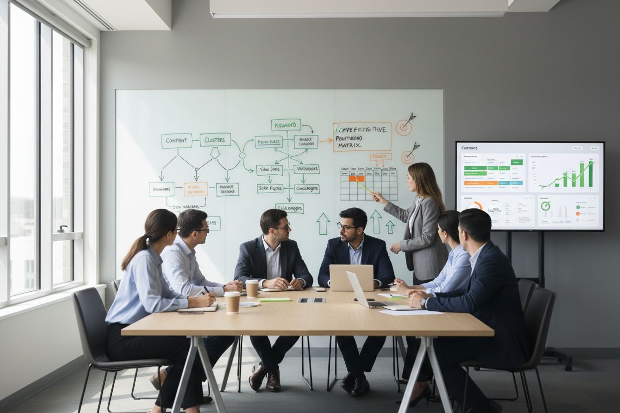 Strategic content planning session with team collaborating on content roadmap and strategy framework