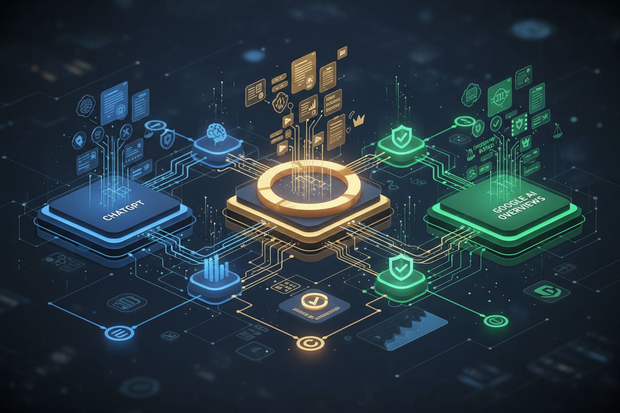 Abstract visualization of AI platforms evaluating financial content with citation flows and E-E-A-T signals