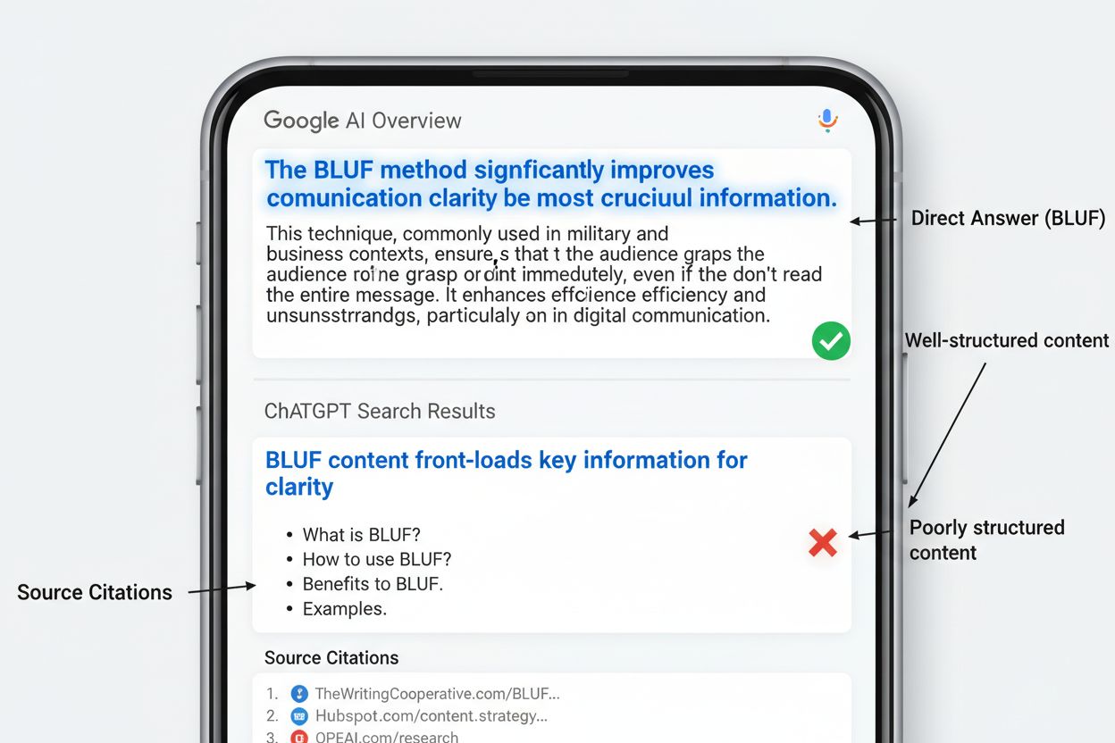 BLUF content in AI Overviews showing direct answers and source citations