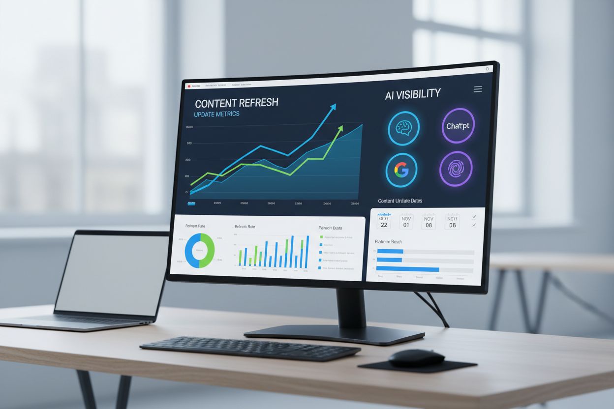 Modern tech dashboard showing content refresh metrics and AI visibility tracking with analytics graphs and AI platform icons