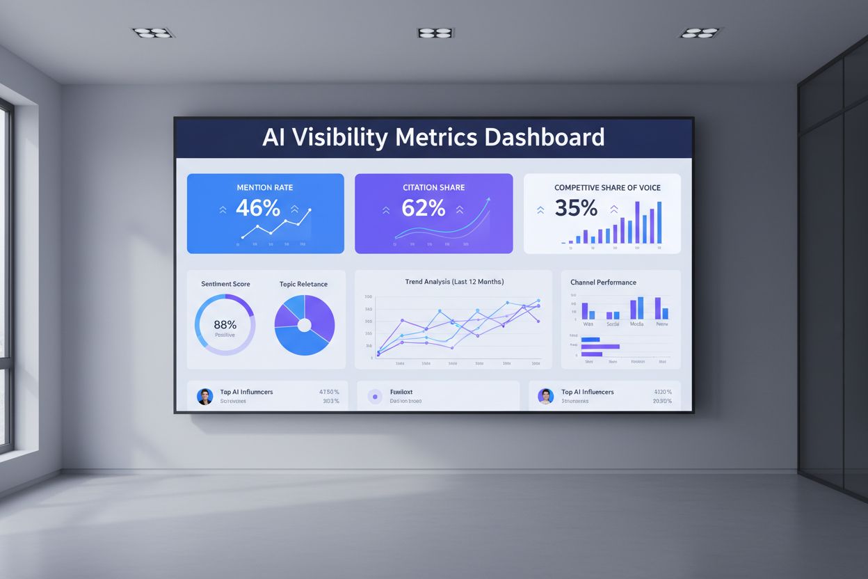 AI Visibility Metrics Dashboard showing mention rate, citation share, and competitive metrics