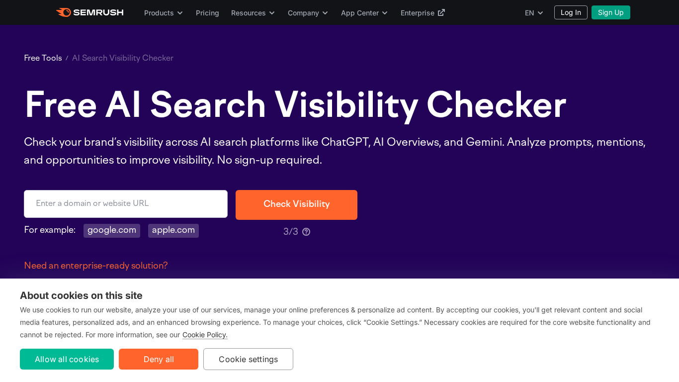 Semrush AI Visibility Checker dashboard showing visibility scores and metrics