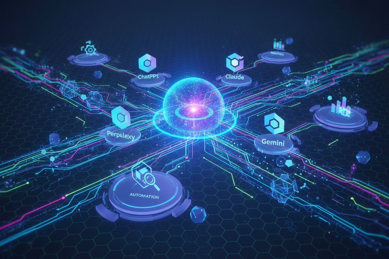 Futuristic AI optimization ecosystem with interconnected platforms and data flows