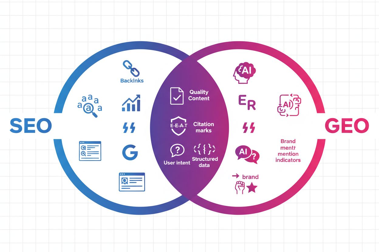 Venn diagram showing GEO and SEO integration with overlapping elements like quality content and E-E-A-T