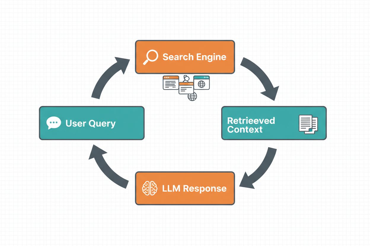 Web grounding architecture diagram showing user query, search engine, retrieved context, and LLM response flow