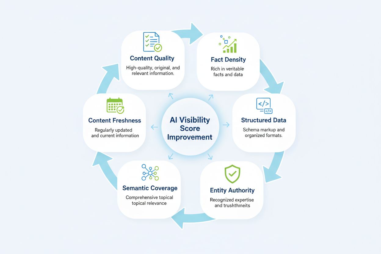 Infographic showing six key factors that improve AI visibility score