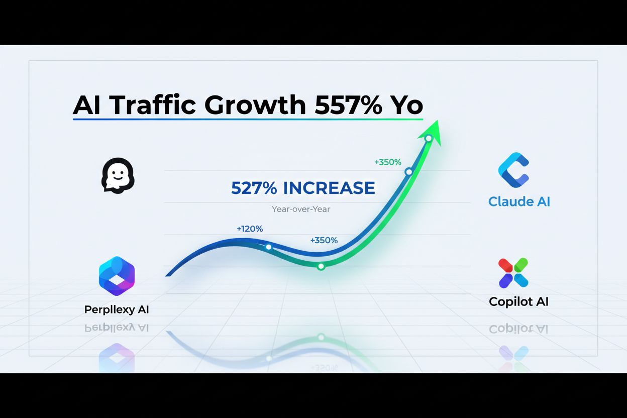 AI Traffic Growth Visualization showing 527% year-over-year increase with ChatGPT, Claude, Perplexity, and Copilot platforms