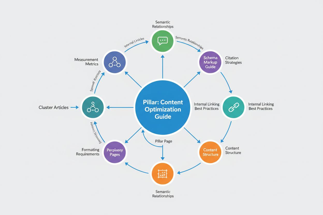 Topic cluster structure showing pillar page connected to satellite articles