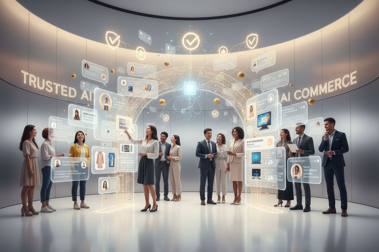 Futuristic vision of AI-driven trust and commerce with diverse customers and AI recommendation systems