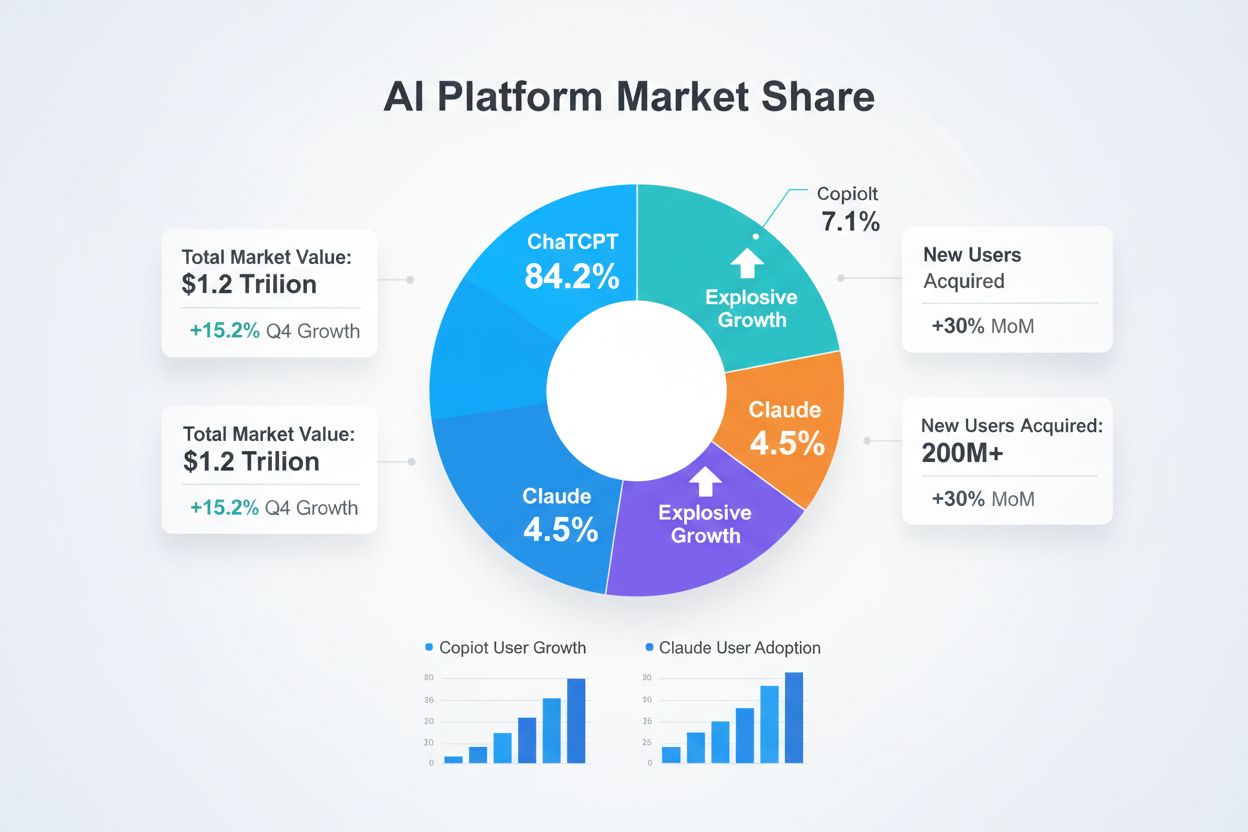 AI Platform Market Share showing ChatGPT dominance with 84.2% and growth rates for Copilot and Claude