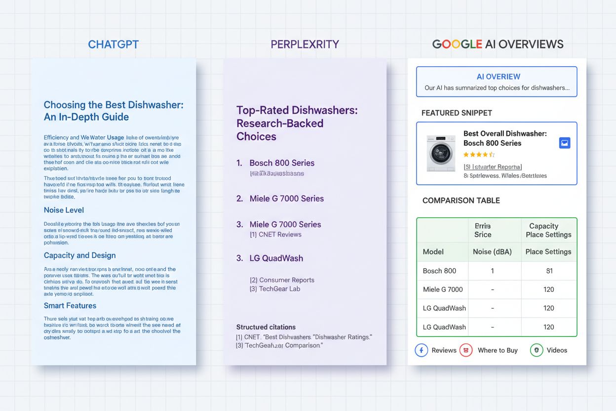 Differenze nella struttura dei contenuti tra ChatGPT, Perplexity e Google AI Overviews