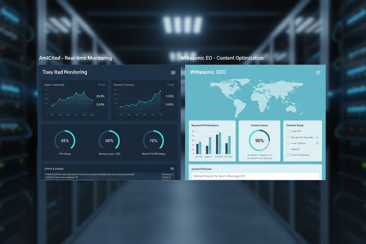 Dashboard comparison showing AmICited monitoring interface and Writesonic GEO content creation tools