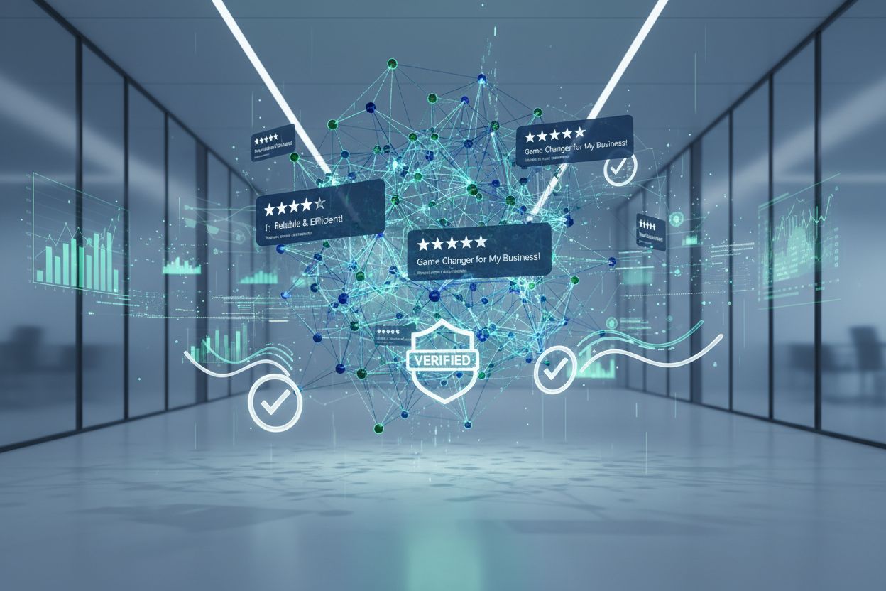 AI analyzing customer reviews and social proof signals with neural networks and trust badges