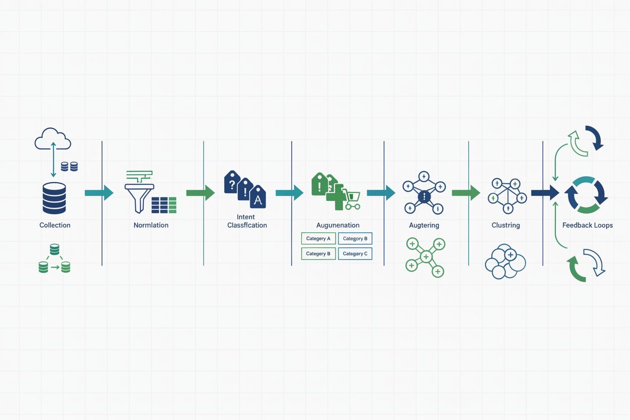 LLM query analysis lifecycle pipeline showing collection, normalization, classification, augmentation, clustering, and feedback loops