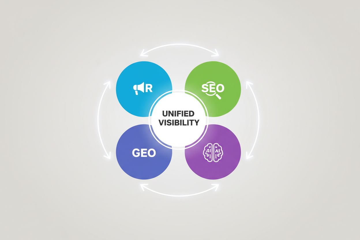 PR, SEO, and GEO integration diagram showing three interconnected circles