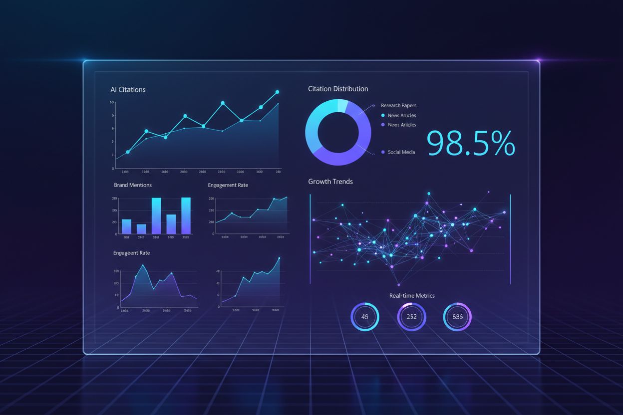 Modern digital analytics dashboard showing AI monitoring and citation tracking metrics