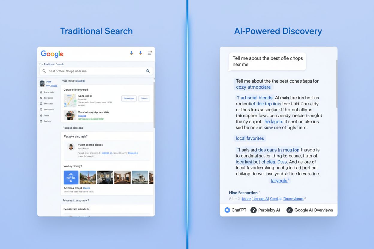 Comparison of traditional search results versus AI-powered discovery showing how AI chatbots are changing software research