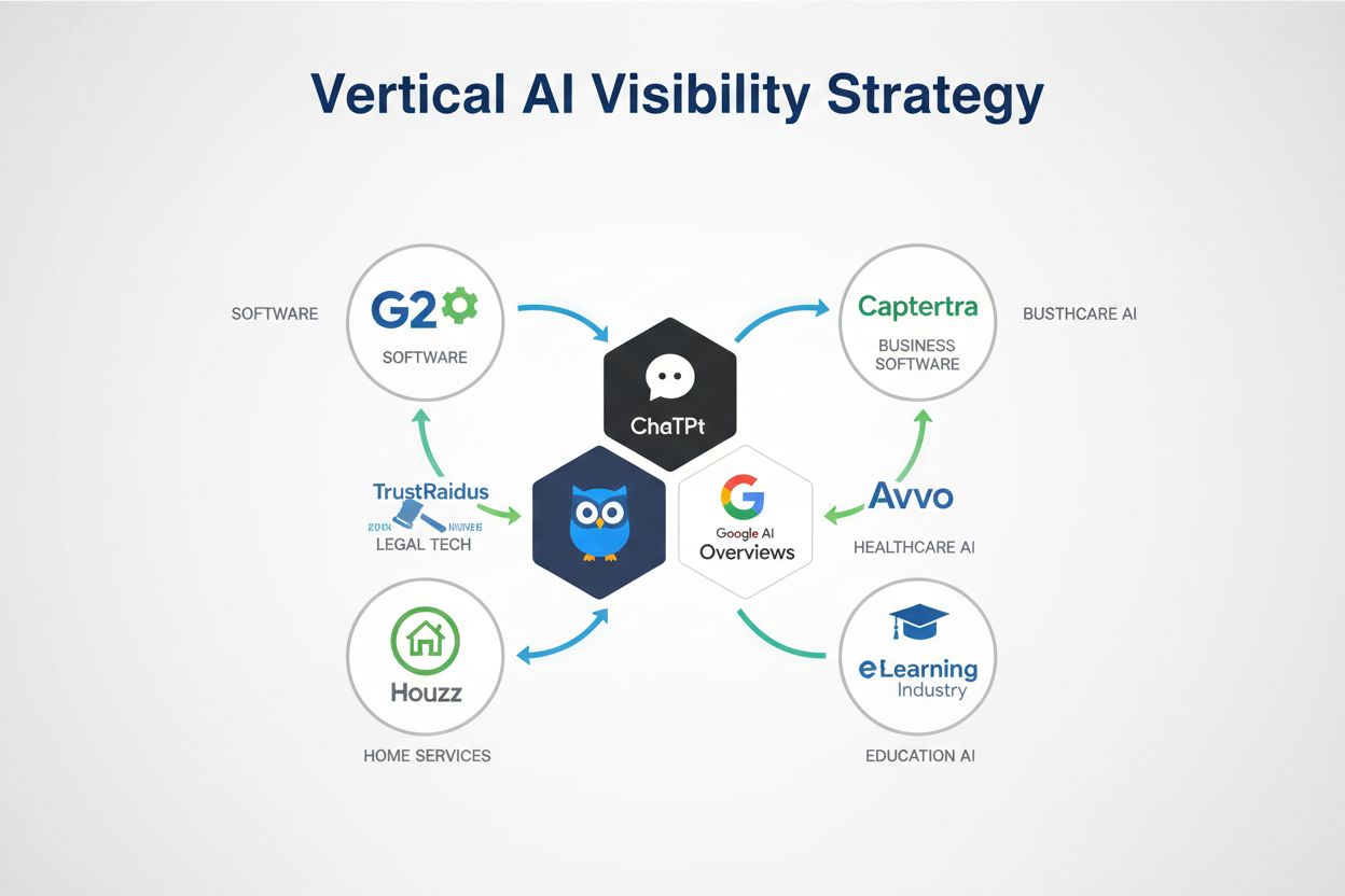Vertical review platforms ecosystem showing AI visibility strategy with industry-specific platforms connected to AI systems