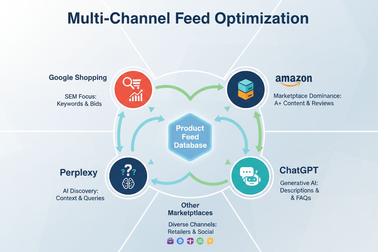 Multi-channel product feed optimization showing distribution to Google Shopping, Amazon, Perplexity, and ChatGPT