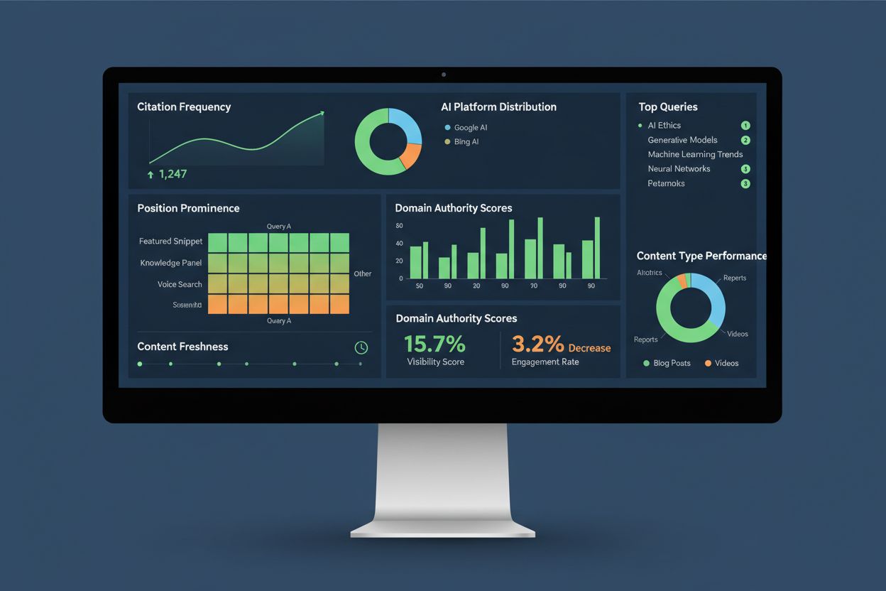 AI visibility monitoring dashboard showing citation frequency, position prominence, domain authority, and competitive benchmarking metrics